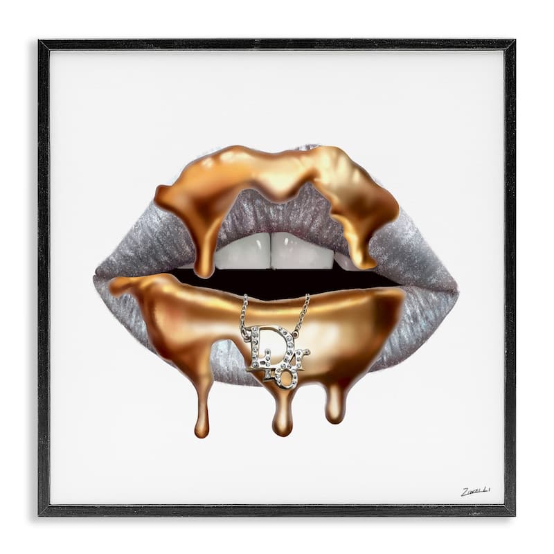 Stupell Glam Silver Lip Portrait Fashion With Gold Drip Framed Wall Art,12x12 - 12 x 12 - Black