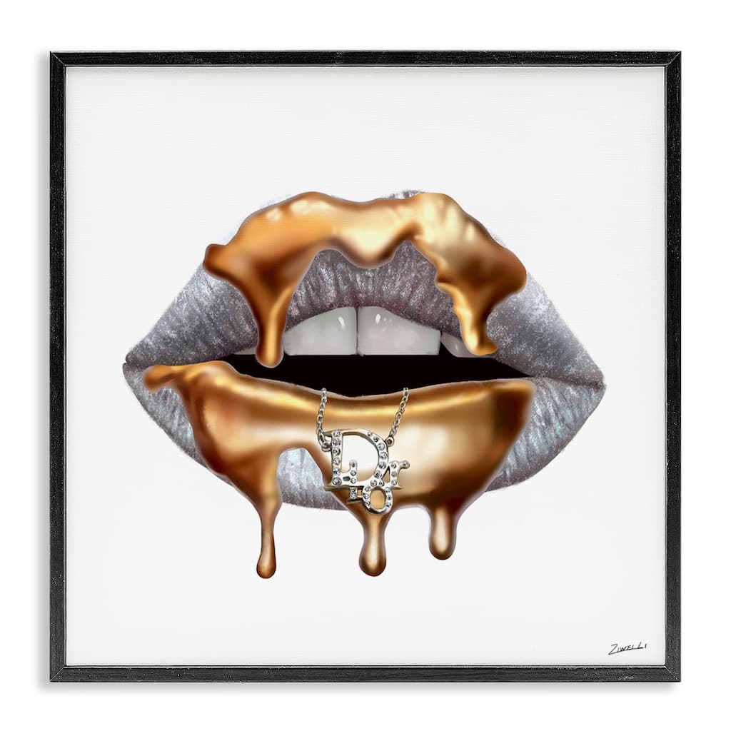 Stupell Glam Silver Lip Portrait Fashion With Gold Drip Framed Wall Art,12x12