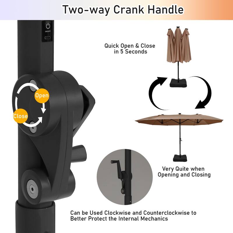 180'' x 108'' Rectangular Fiberglass Lighted Market Umbrella with Base
