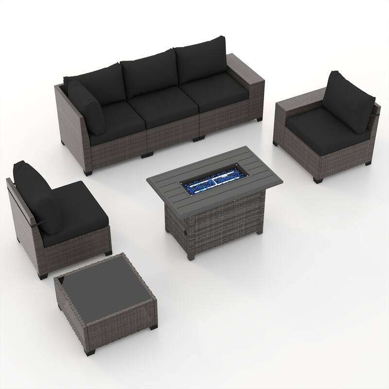 7-Piece 5 Person Patio Free Combination Wicker Conversation Set With Waterproof Cushions and Firepit Table