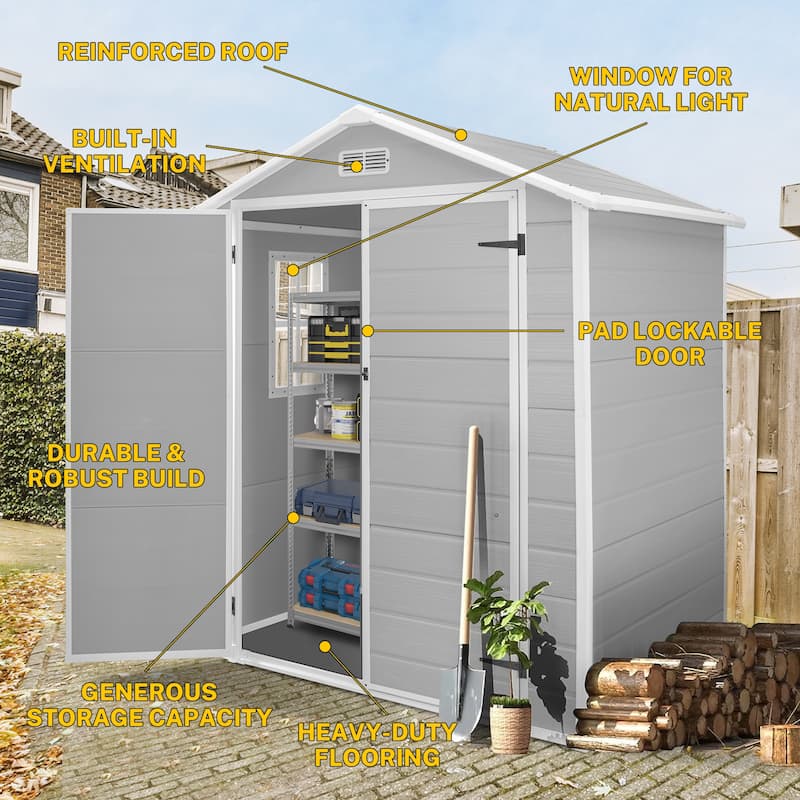 6 ft x 4 ft/6 ft x 8 ft/8 ft x 6 ft/8 ft x 10 ft All-Weather Resin Outdoor Plastic Storage Shed w/Floor, Spire Tool Shed