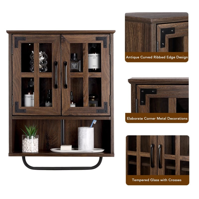 Wood Wall Storage Cabinet with Cross Glass Doors - 8.27"D x 19.3"W x 26.3"H