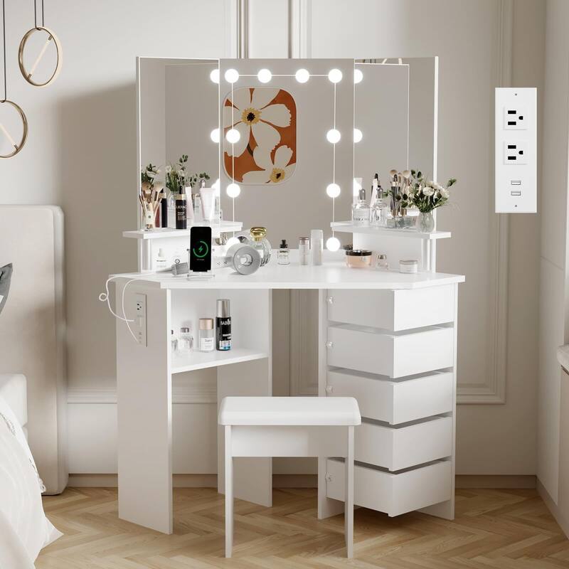 Makeup Vanity Desk with Lights & Power Outlet