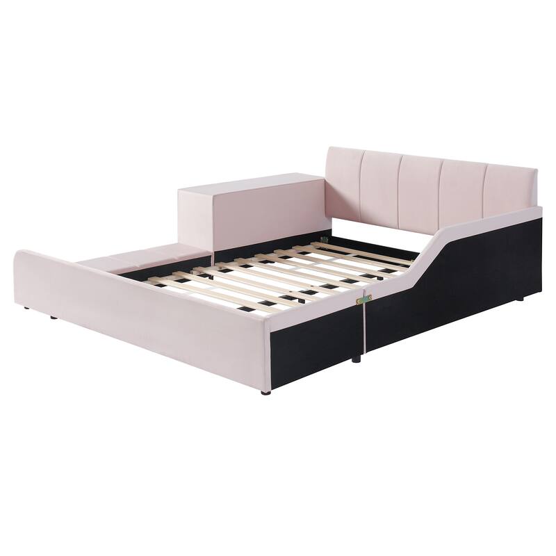 Queen/Full Mother & Child Bed with Bedside Desk, Velvet Upholstery & Round Stool