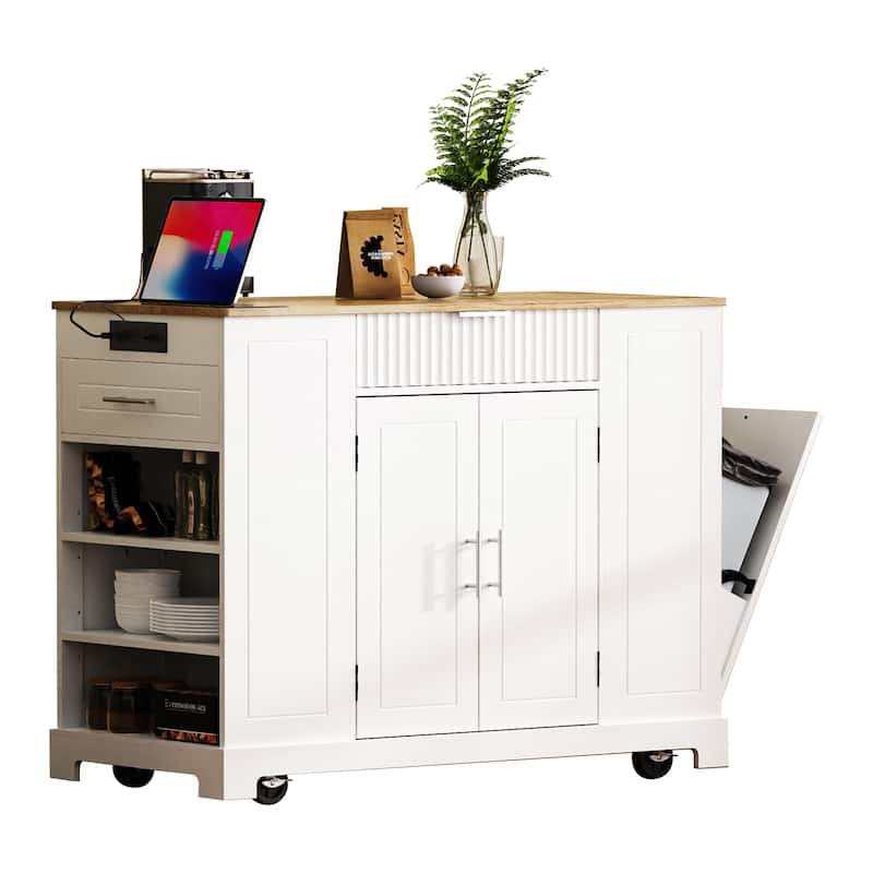 Fluted Kitchen Island with Trash Can Storage Cabinet, Kitchen Cart with Power Outlet Rolling Kitchen Islands on 5 Wheels