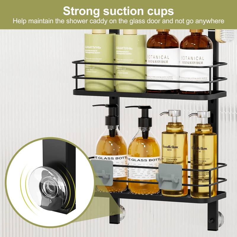 Adjustable Hanging Over the Shower Door Caddy,Bathroom Organizer Shelf Storage with 4 Hooks for Razor - Black-4 Pack