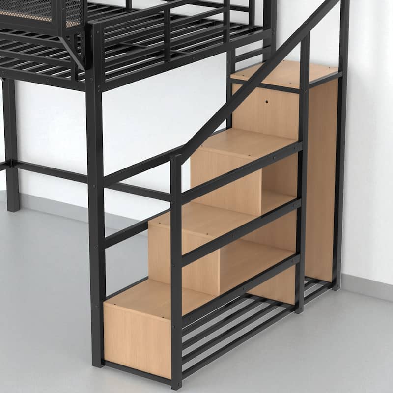 Metal Loft Bed Twin XL/Full/Queen with Storage Stairs, Built-in Wardrobe, USB Ports and LED Lights