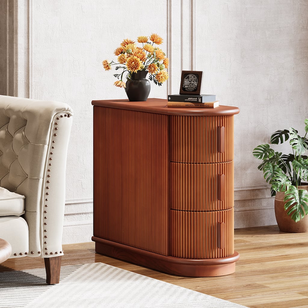 Semi Oval 3-drawer Solid Wood End Side Table for Living Room