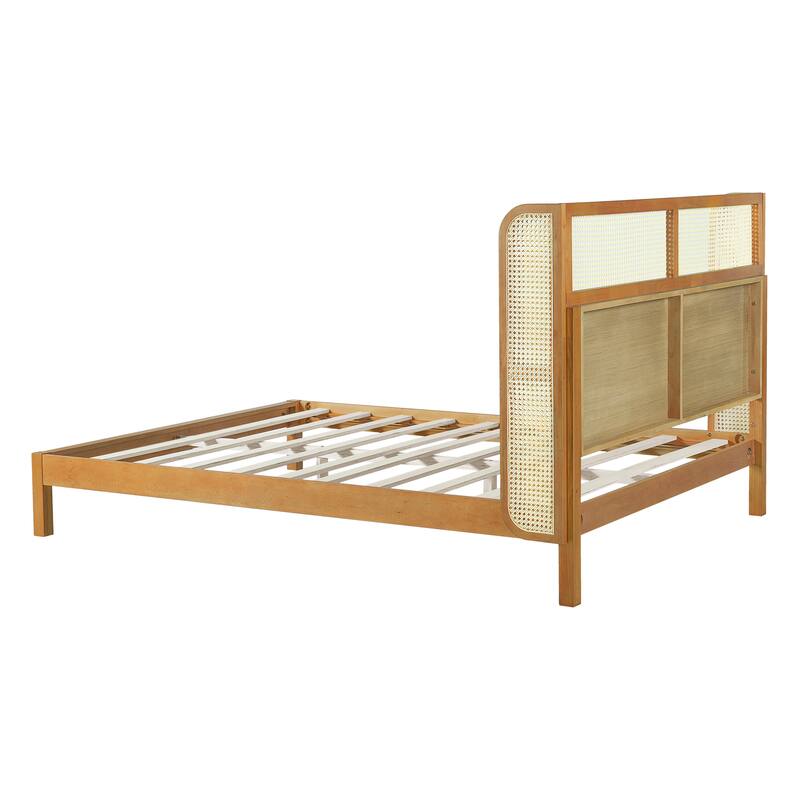 Queen Size Rubber Wood Platform Bed Frame with Headboard, Mid Century Modern Design