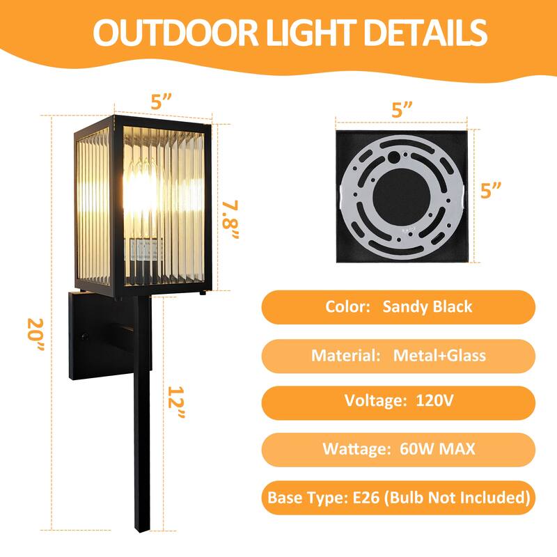 Outdoor Wall Sconce with Clear Ribbed Glass,Waterproof Exterior Wall Lantern for House Exterior/Front Door/Garage/Patio(2-PACK)