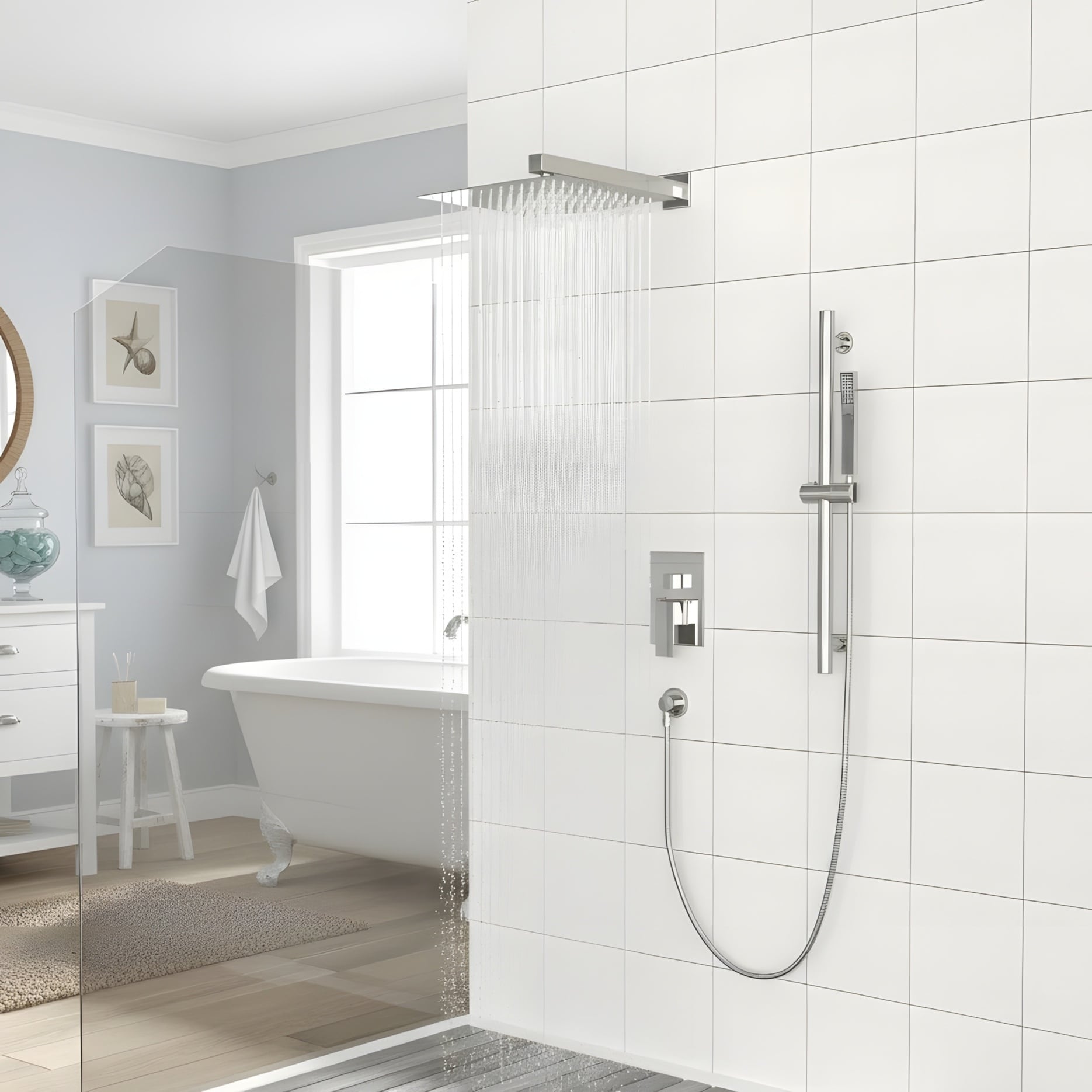 Wall Mounted Square Shower System and Handheld Showerhead Set