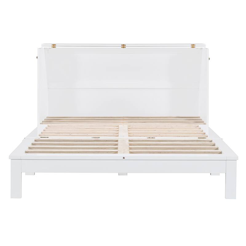 Full/Queen Size Murphy Bed Wall Bed with a Large Storage Drawer, Space Saving Murphy Cabinet Bed w/ a set of Sockets & USB Ports