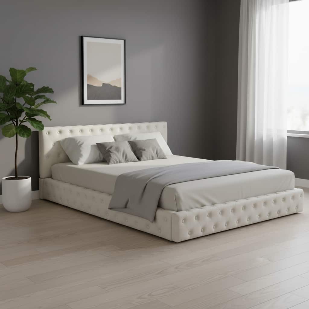 HomeRoots Beige Tufted Velvet Upholstered Queen Bed Frame
