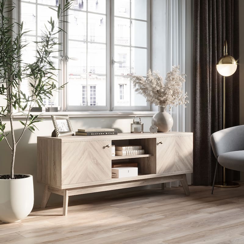 Living Skog Scandi Mid-Century Modern Herringbone TV Stand for TV Up to 65 Inches with Wooden Legs