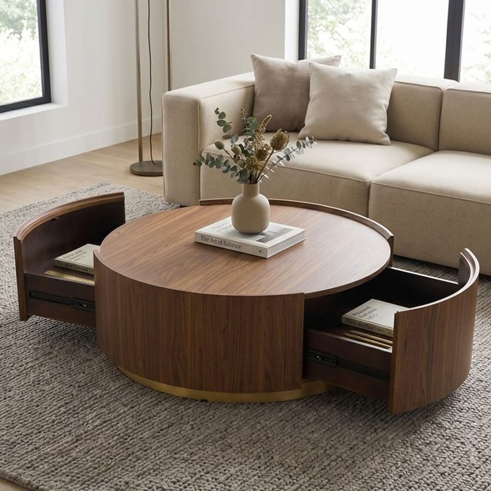 Round Coffee Table with 2 Hidden Storage Drawers