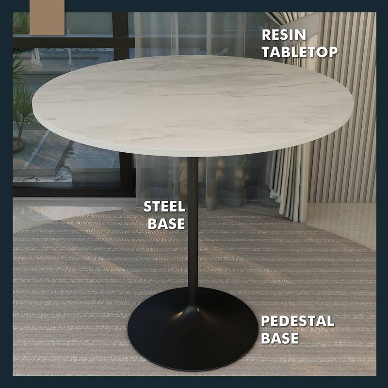 LeisureMod Verve Round Bar Dining Table with White Resin TableTop and Black Steel Base for Kitchen & Dining Room