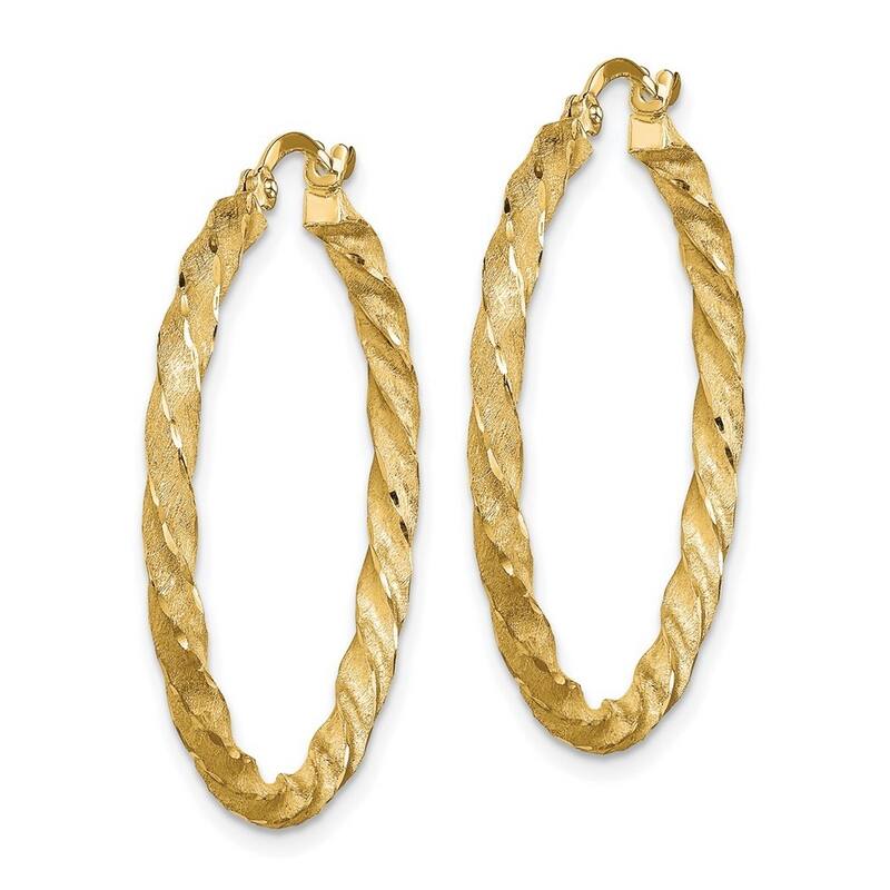 Curata 14k Yellow Gold Twisted Satin Sparkle Cut Hoop Earrings - 33.5x2.8mm