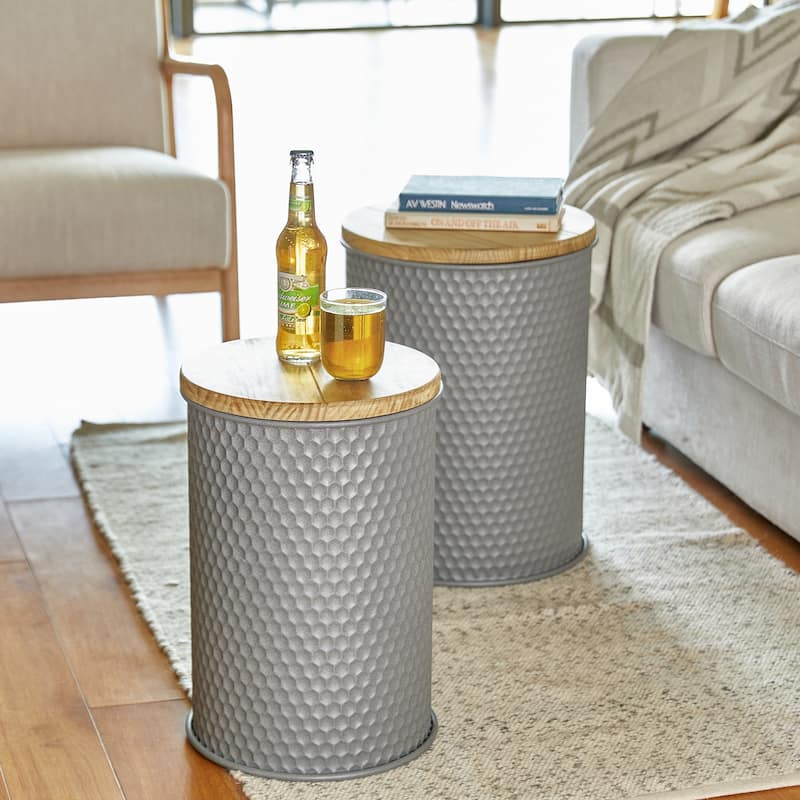 Glitzhome Set of 2 Modern Gray Honeycomb End Table Storage Ottoman