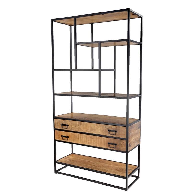75" Tall Industrial Bookshelf with Drawers Solid Mango Wood