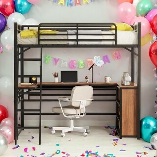 Twin Size Metal Loft Bed with L-shaped Desk and Shelves, Sturdy Steel Frame, Space-Saving Design for Bedroom