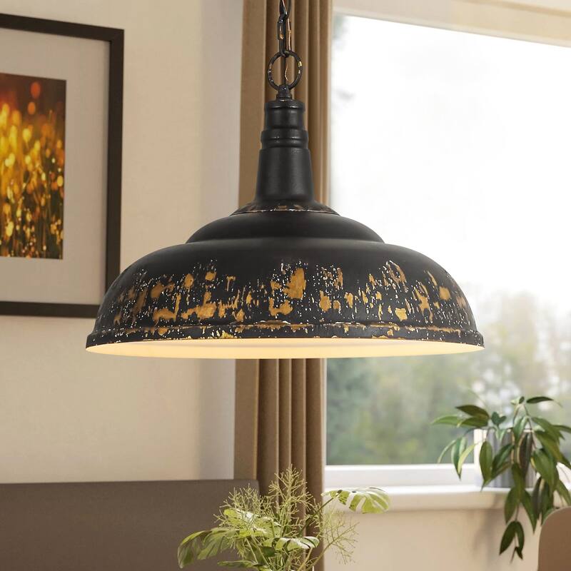 17.7" 1-Light Farmhouse Industrial Black and Gold Distressed Metal Dome Pendant Light with Adjustable Chain - Black/Gold - 17.7 in. W x 13.7 in. H x 17.7 in. D