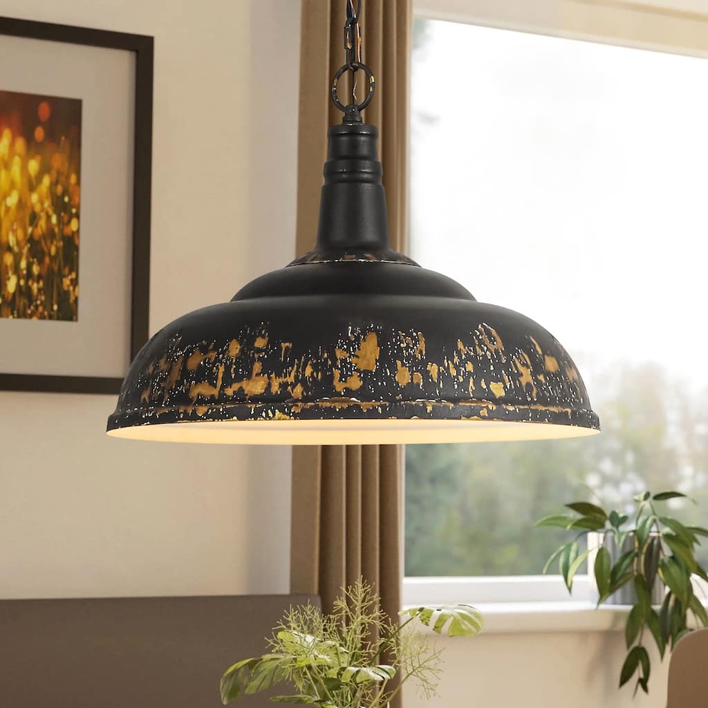 17.7" 1-Light Farmhouse Industrial Black and Gold Distressed Metal Dome Pendant Light with Adjustable Chain