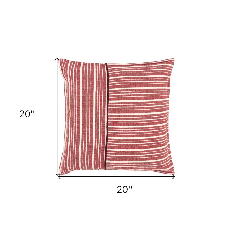 HomeRoots 20" Red and Ivory Striped Cotton Throw Pillow