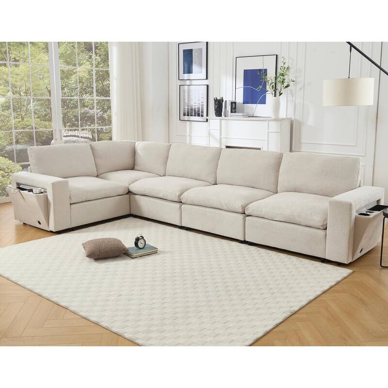 5-seat Modular Sectional Couch with Wireless Charging, Cup Holders & Book Storage, Beige Soft Linen Fabric - Multi-Color