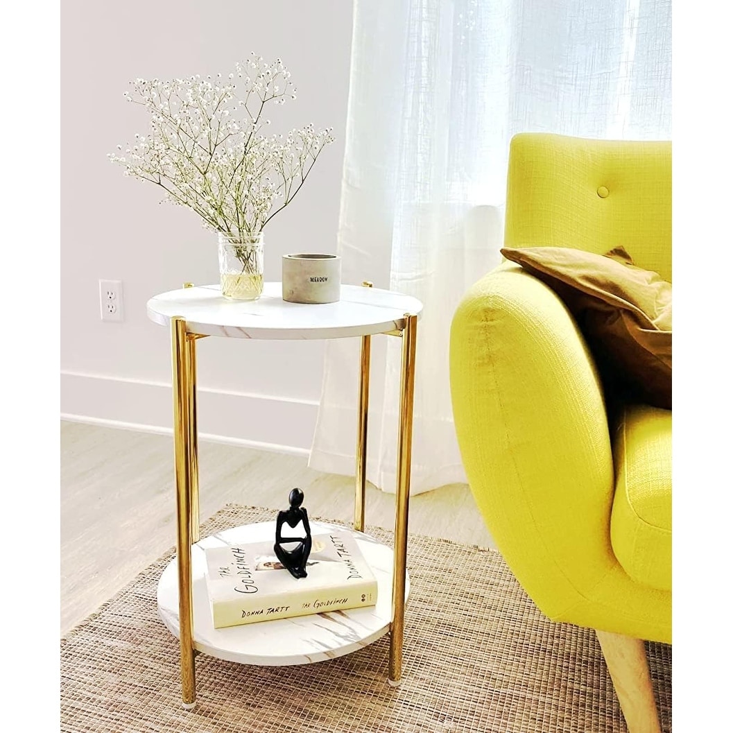 Round 2-Tier Side Table with Faux Marble Top - Modern Gold Accent for Living Room, Bedroom, or Couch (1 pcs)