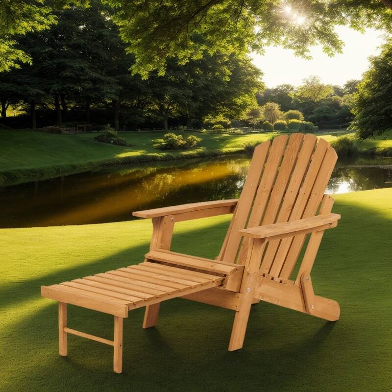 Outdoor Solid Wood Folding Adirondack Chair with Retractable Ottoman - Light Brown