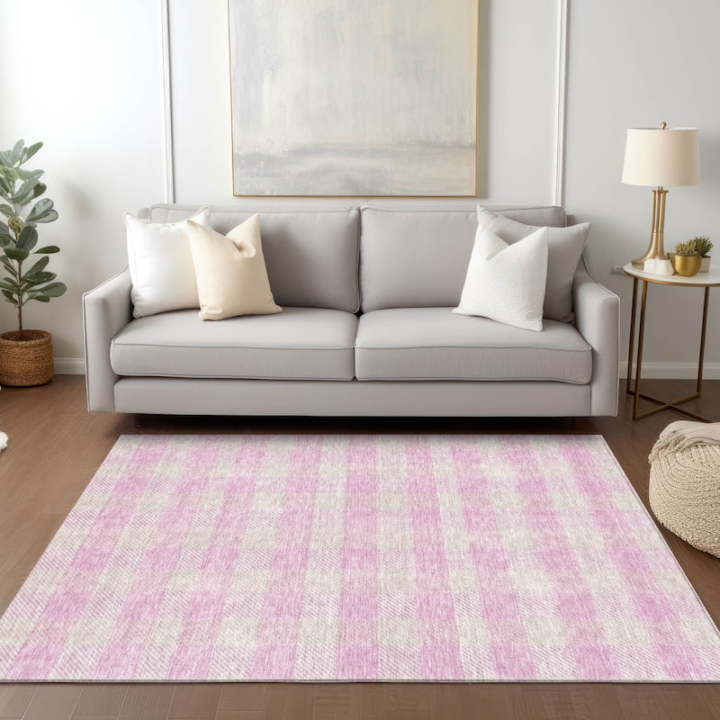 Machine Washable Indoor/ Outdoor Chantille Plaid Stripe Rug