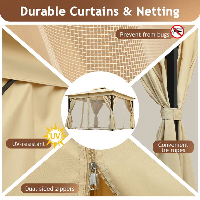 10x12 Outdoor Gazebo Tent with Double Roofs, Patio Gazebo with Mosquito Netting and Privacy Screens