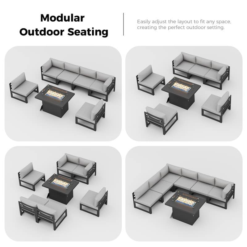 7 Piece Aluminum Patio Furniture Set with Fire Pit Propane/Natural Gas, 29 inch Deep Wide Seat Aluminum Outdoor Sectional