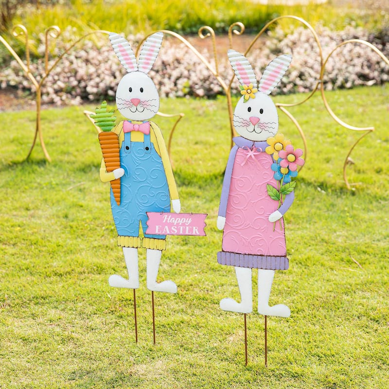 Glitzhome 36"H Metal Easter Bunny Girl Yard Stakes Porch Sign Wall Decor