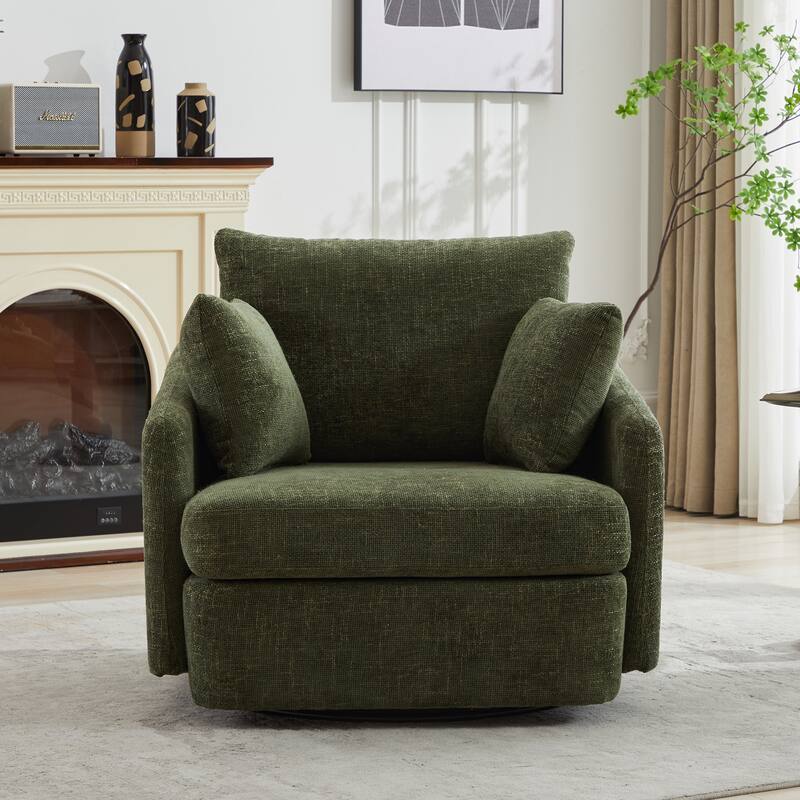 Chenille Upholstered Swivel Accent Chair, Cozy Club Chair with 2 Thorw Pillows, Oversized Lounge Armchair with Metal Base