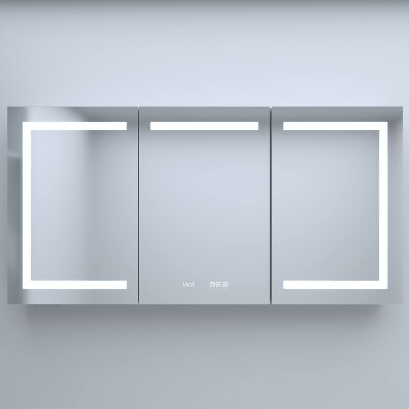 Rectangular Aluminum Recessed/Surface Mount Medicine Cabinet in Silver with Mirror LED and Clock