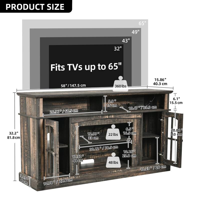 Moasis LED Farmhouse TV Stand Highboy Entertainment Center Media Console with Adjustable Shelves & Glass Doors