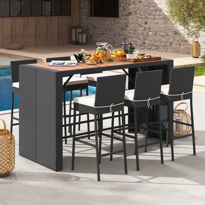 Costway 7 Pieces Patio Bar Set with Acacia Wood Tabletop & Removable - See Details