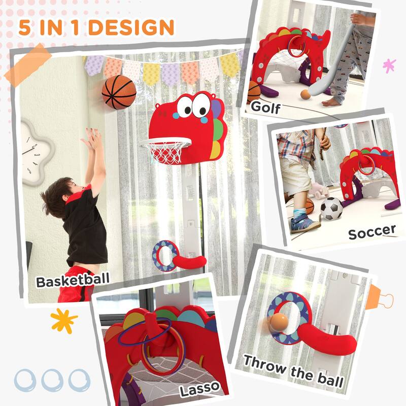 Basketball Hoop, Toddler Sports Activity Center, 5 Level Adjustable Height Basketball Goal with Soccer, Golf, Ring Toss