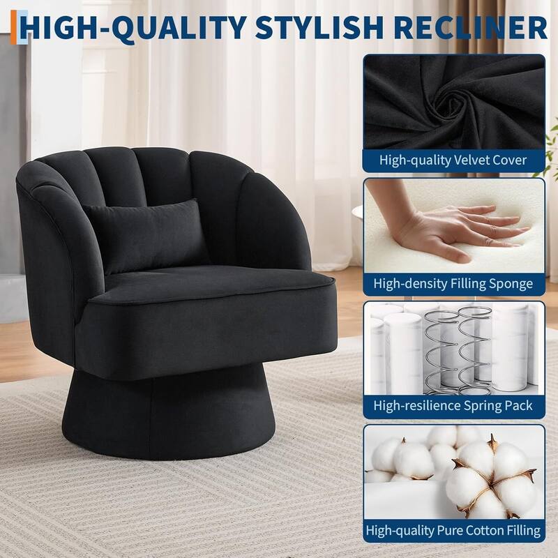 Velvet Upholstered 360° Swivel Accent Chair, Barrel Lounge Chair for Living, Bedroom Reading Nook