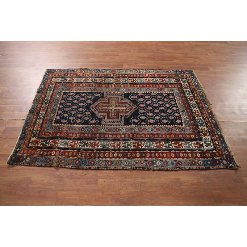 Pre-1900 Antique Kazak Vegetable Dye Foyer Rug Handmade Wool Carpet - 3'10" x 5'5"