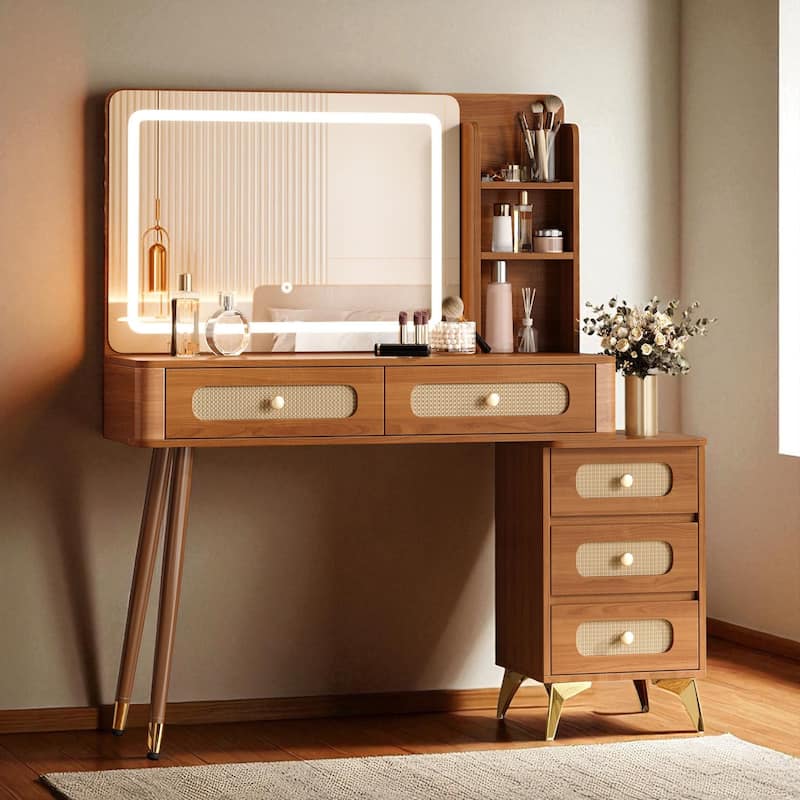 47'' Vintage Makeup Vanity with Mirror and Lights, Dressing Table with 5 Drawers, Storage Shelf & Rattan Design