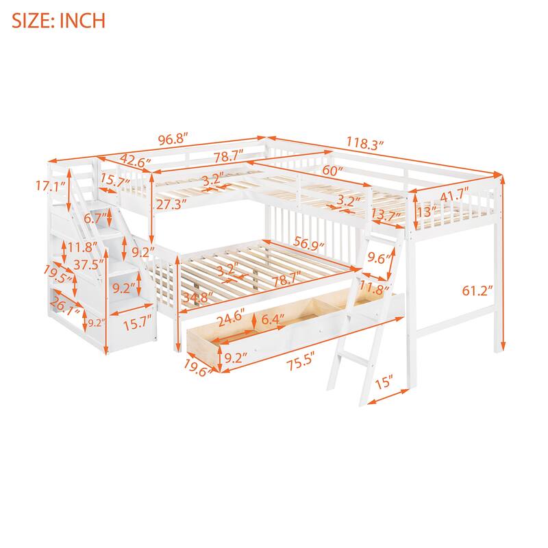 L-Shaped Bunk Bed With 3 Drawers, Ladder and Staircase