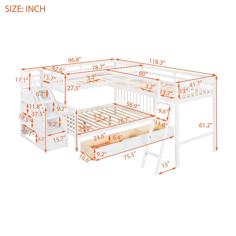 Twin Over Full L-Shaped Bunk Bed with Staircase, Storage Drawers and Shelves, Wood Frame for Kids or Teens