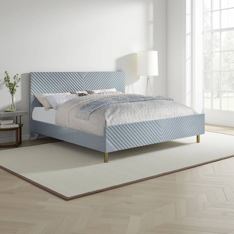 Tyra Modern Queen Bed, Panel Headboard, Textured Chevron, Slate Gray, Gold