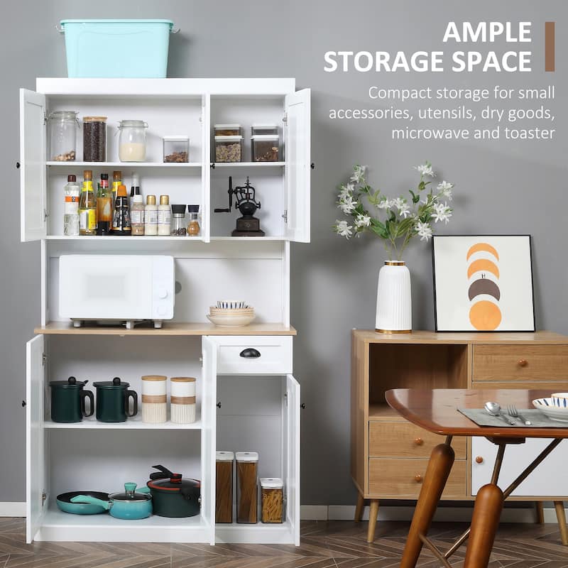 71" Buffet with Hutch, Modern Kitchen Pantry Storage Cabinet with Microwave Oven Countertop, Drawer, and Cupboard, White