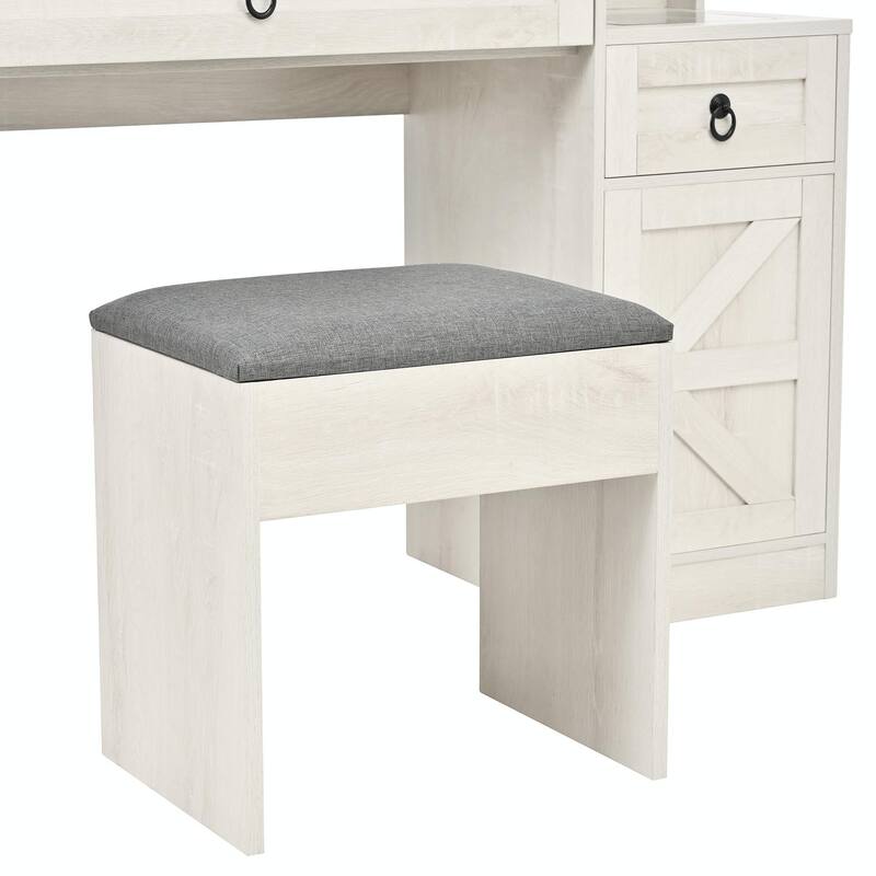 Farmhouse Vanity Desk with Sliding Mirror & Lights, Glass Top Vanity Set