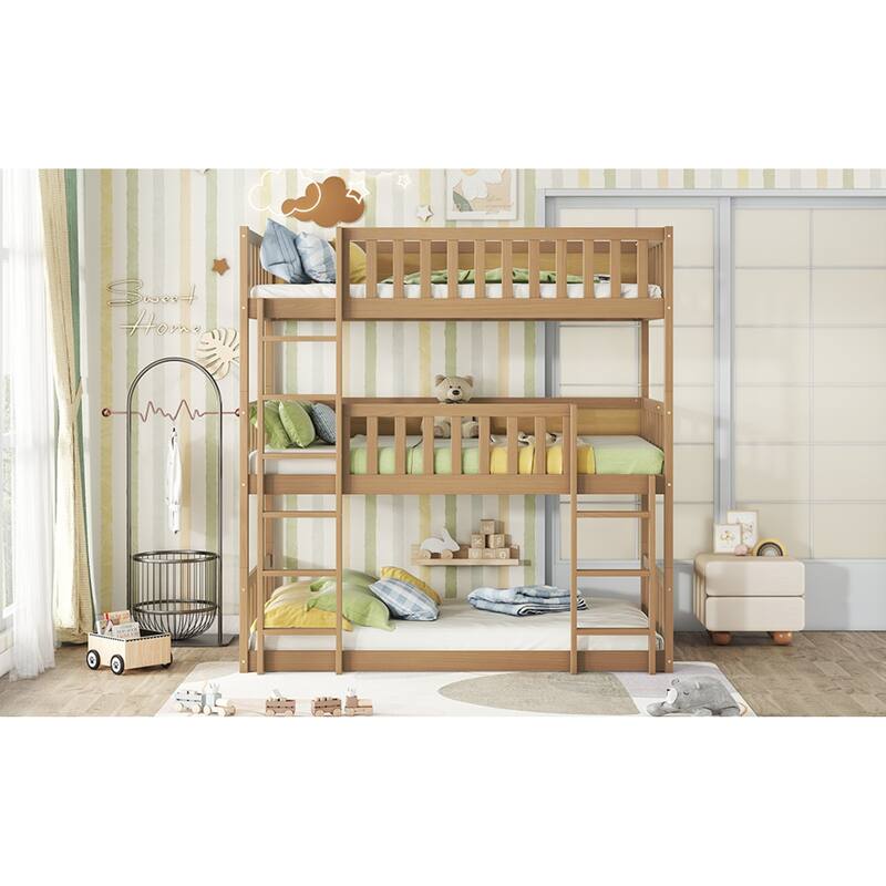 Roomfitters Twin Triple Bunk Bed, Rubber Wood Detachable Design with Ladders and Guardrails, Twin over Twin over Twin