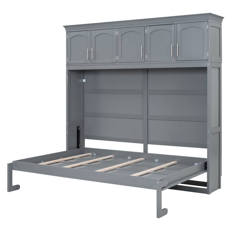 Queen Size Wall Bed with Storage Cabinets, Space-Saving Foldable Murphy Bed in Gray
