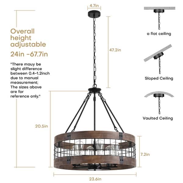 Modern Farmhouse Rustic 6-Light Wood Drum Chandelier for Dinning Room